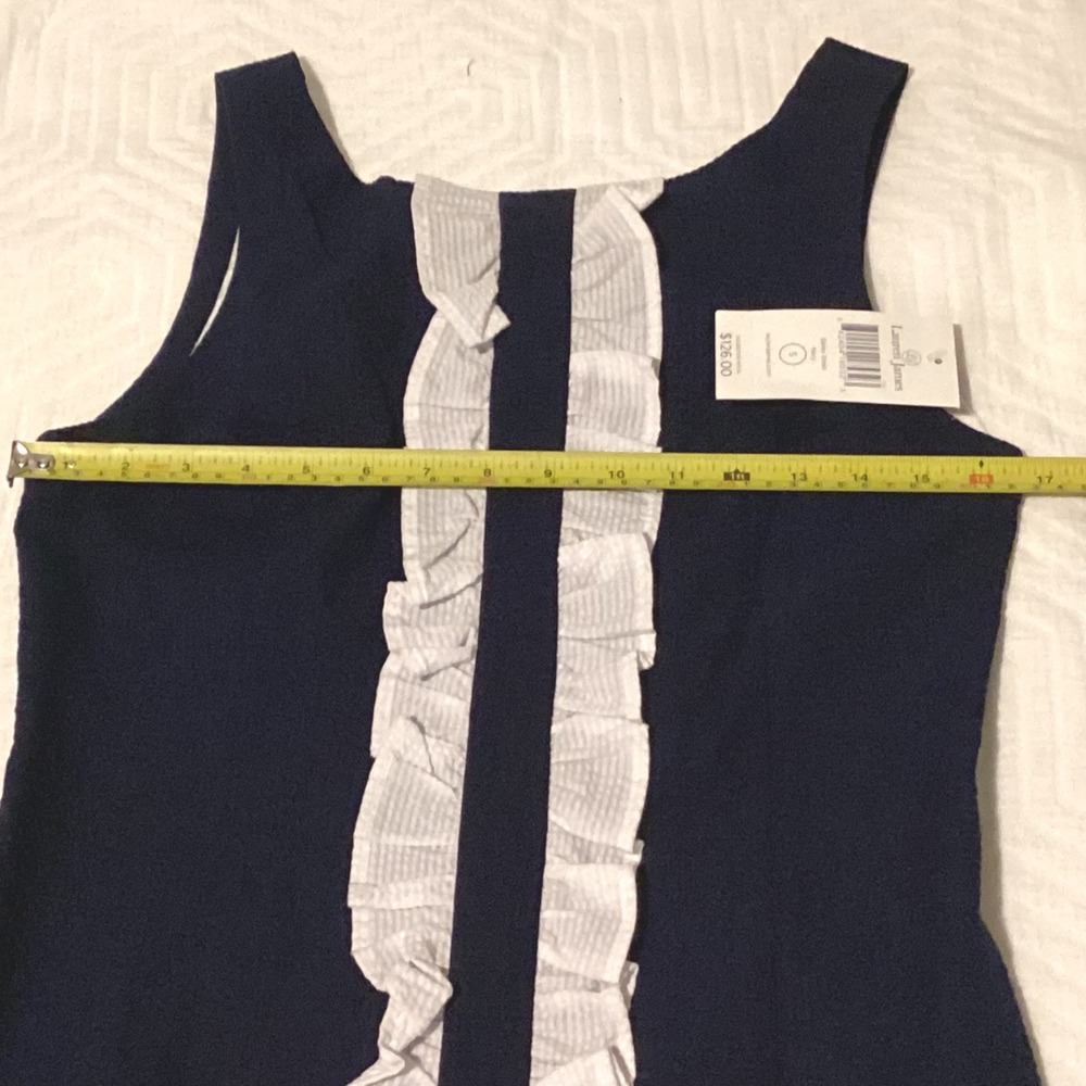 Lauren James Navy Blue Sleeveless Ruffle Front Sheath Dress S Made in USA‎ NWT - Picture 4 of 7